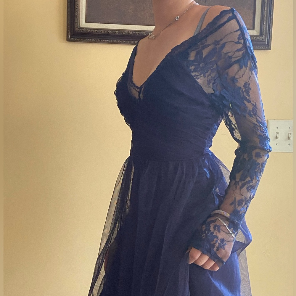 ASOS Blue Long Sleeve Lace Tulle Dress